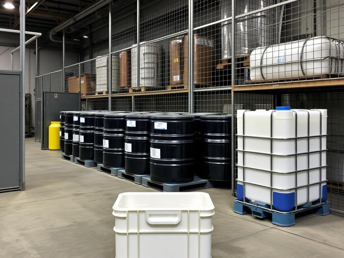Steel drums and a caged IBC tote staged in a commercial storage area