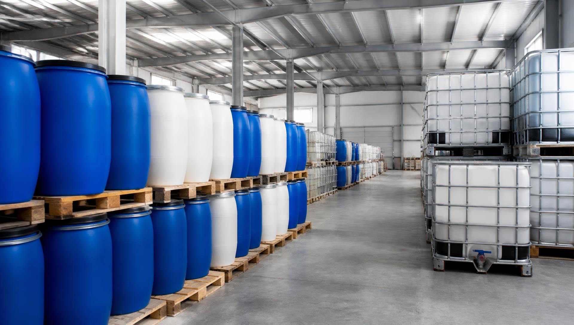 Rows of drums and IBC totes staged on pallets inside a commercial warehouse